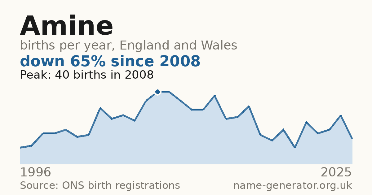 Chart: babies named Amine per year in England and Wales, 1996 to 2025, peaking at about 40 in 2008