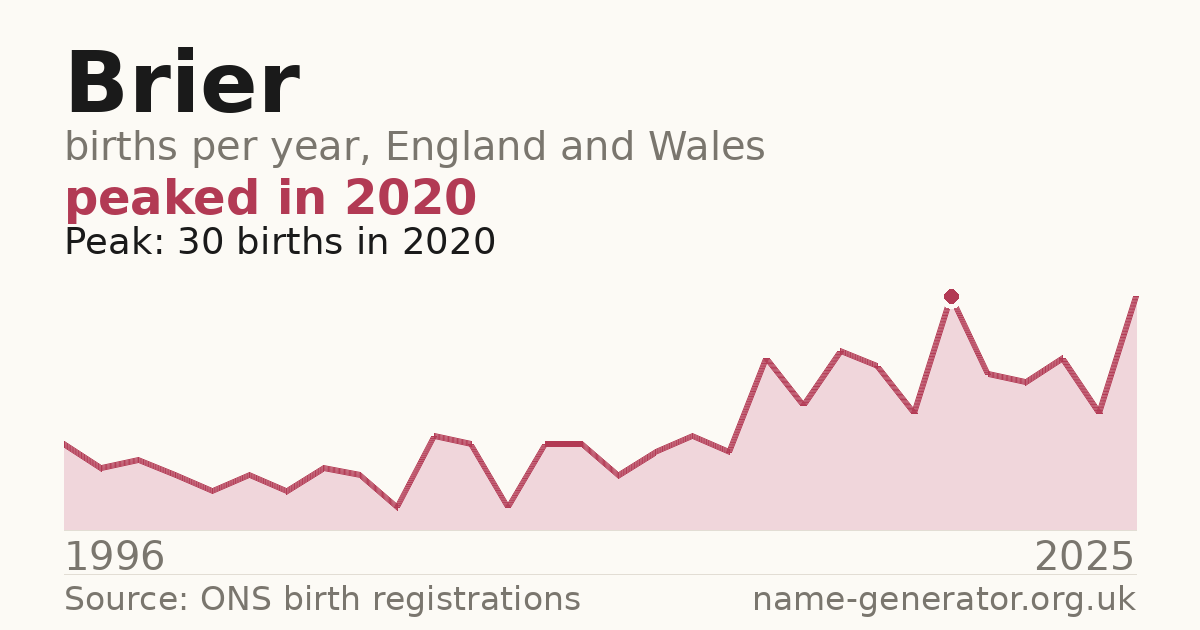 Chart: babies named Brier per year in England and Wales, 1996 to 2025, peaking at about 30 in 2020