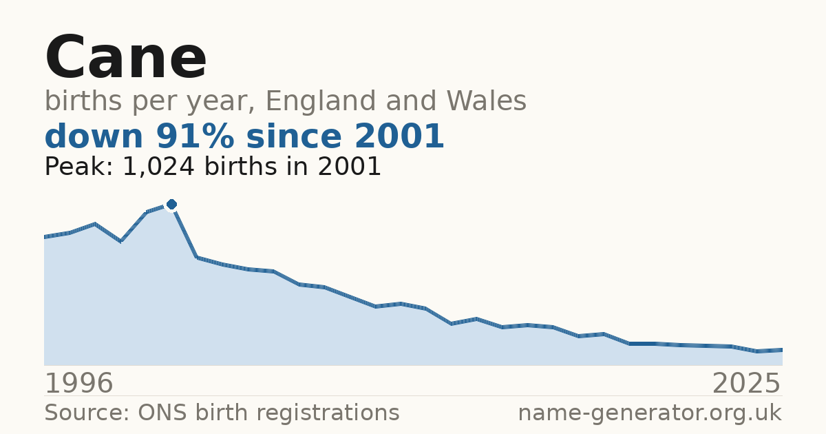 Chart: babies named Cane per year in England and Wales, 1996 to 2025, peaking at about 1,024 in 2001