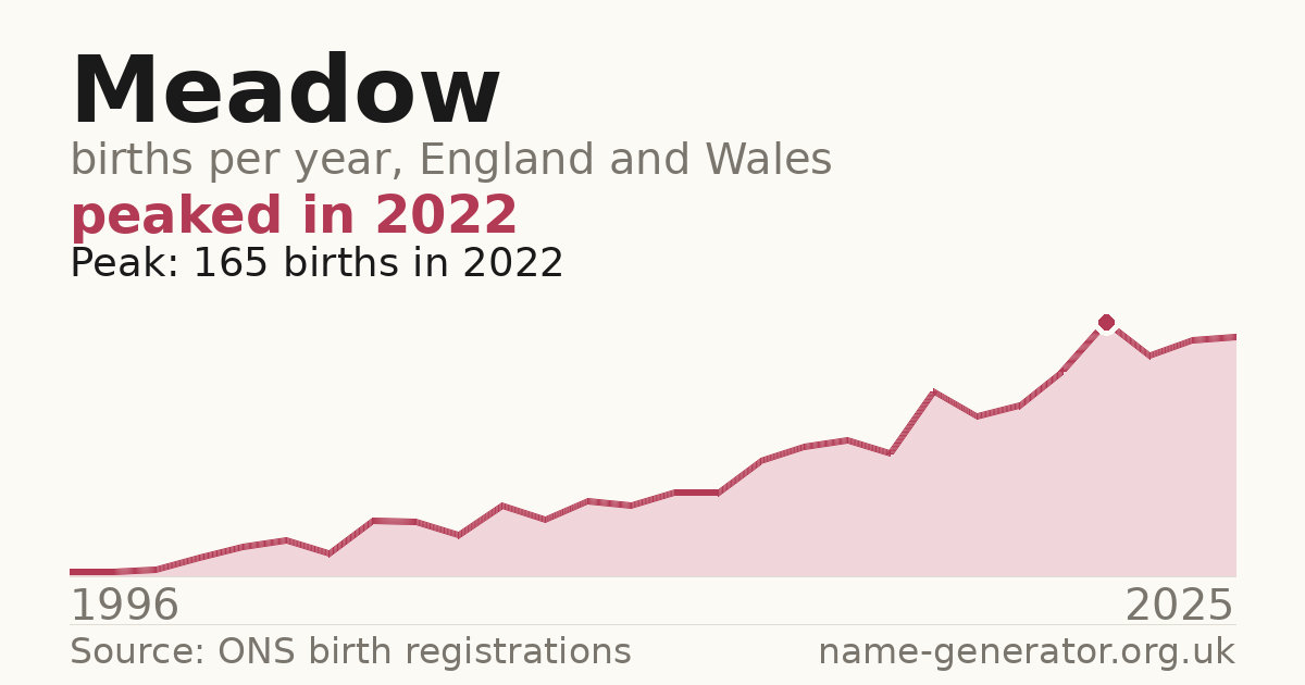 Chart: babies named Meadow per year in England and Wales, 1996 to 2025, peaking at about 165 in 2022
