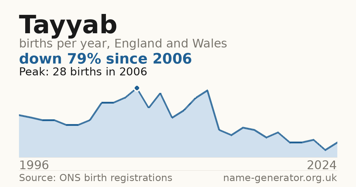 Chart: babies named Tayyab per year in England and Wales, 1996 to 2024, peaking at about 28 in 2006